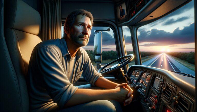 Middle-aged truck driver sitting thoughtfully in his cab, reflecting hope amidst struggle, with a serene sunset highway landscape outside the window