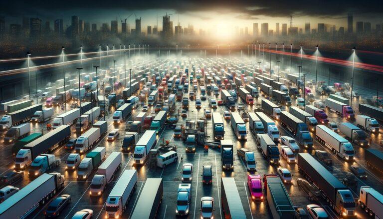 Overcrowded truck stop in a city at night, highlighting the truck parking crisis with trucks struggling to find spaces